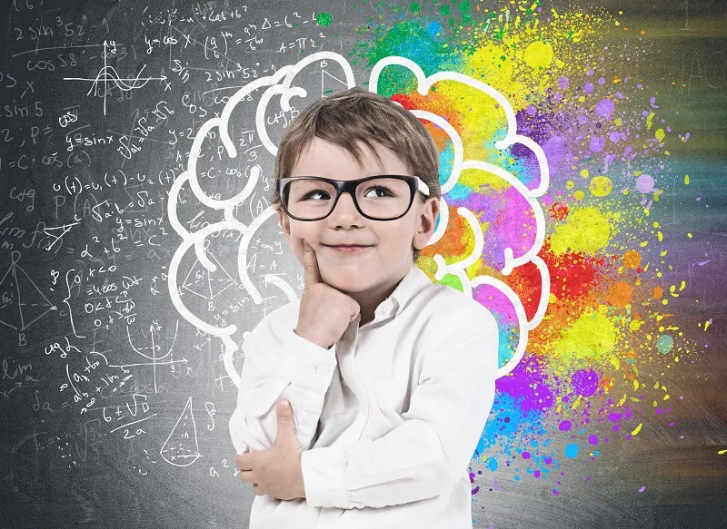 A young student smiling, illustrated alongside a graphic of a brain